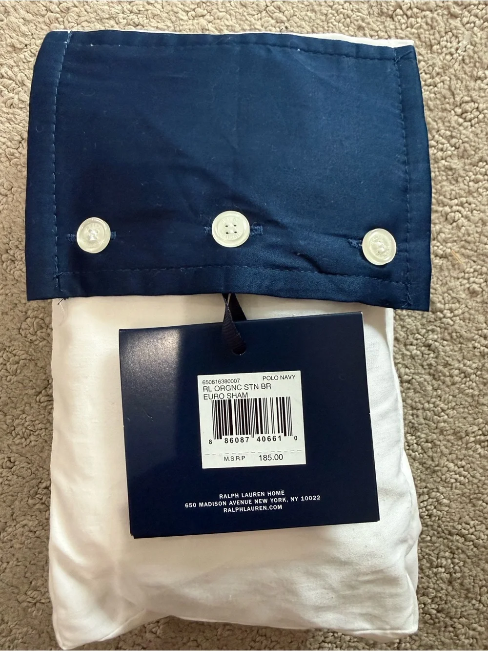 Ralph Lauren Organic Sateen Border Euro Sham White Polo Navy NEW